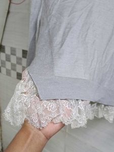 Grey Lace Trim Sweater