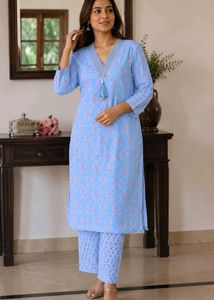 Blue Printed Cotton Kurta Set