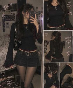 Y2k Black bell sleeve top with ruffled hem🕷🍷