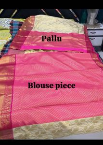 Elegant Cream &amp; Pink Banarasi Silk Saree