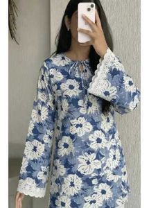 Blue Floral Print Kurta with Lace