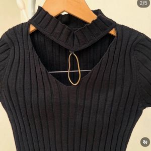 Black Ribbed Cut-Out Mock Neck Top