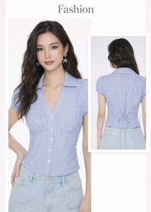 Blue Corset Back Puff Sleeve Shirt