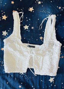 White Smocked Tie-Front Crop Top