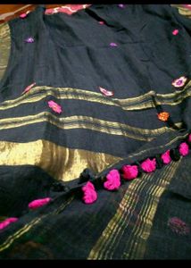 Elegant Black pure linen Saree with Gold Borders