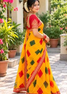 Vibrant Yellow Saree with Red &amp; Green Blocks