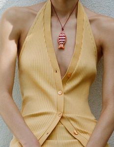 ZARA Yellow Ribbed Halter Backless Top