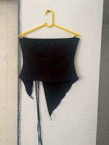 Black Strapless Ruched Asymmetrical Top