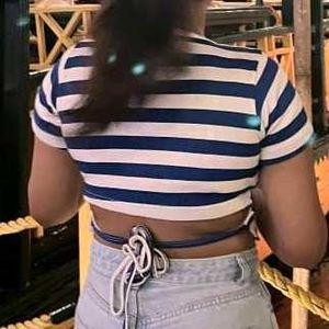 Blue &amp; White Striped Crop Top