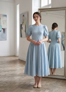 Light Blue Puff Sleeve Midi Dress