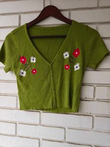 Green Floral Embroidered Knit Shrug