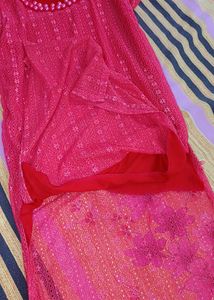 Elegant Pink Lace Kurta with Pearl Neckline