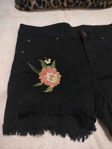 Black Embroidered Denim Shorts