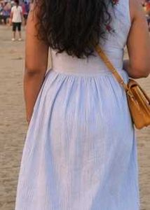 Light Blue Striped Embroidered Midi Dress