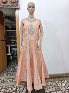 Peach Chanderi Silk Full Flair Gown with Leggings