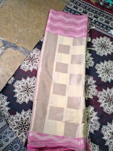 Elegant Cream &amp; Pink Woven Silk Saree