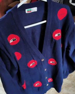 Navy Blue Cardigan with Red Accents