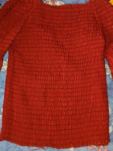 Red Smocked Off-Shoulder Bell Sleeve Top