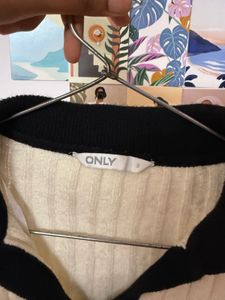 Cream &amp; Black Striped Collared Knit Top