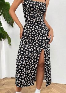 Black Floral Midi Dress with Slit