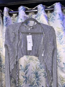 Grey Ribbed Cropped Cardigan with Ruffles