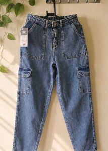Vintage Wash Mom Fit Cargo Jeans