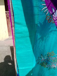 Elegant Teal Embroidered Saree &amp; Blouse