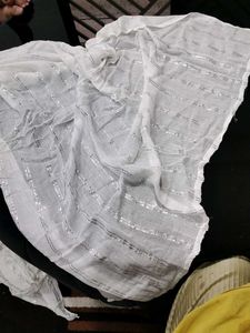 Elegant White Scarf with Silver Stripes