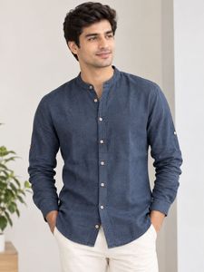 Men's Long Sleeve Band Collar Linen Shirt