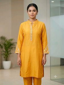 Yellow Kurta Set with Mirror Work