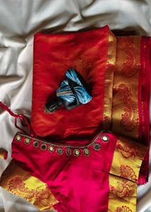 Vibrant Red Silk Saree with Gold Border