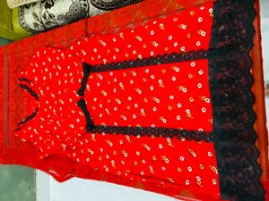 Red Printed Kurta with Black Bottom