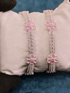Elegant Pink Flower pure silver Bangles