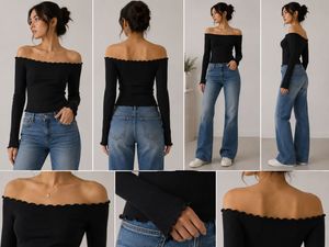 Off-Shoulder Ribbed Long Sleeve Top