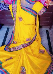 Yellow Sari with Colorful Border