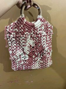 Boho Macrame Tote Bag with Wooden Handles