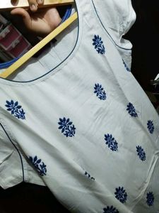 White Kurta with Blue Floral Print