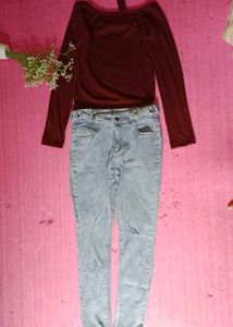 Burgundy Top & Light Wash Jeans