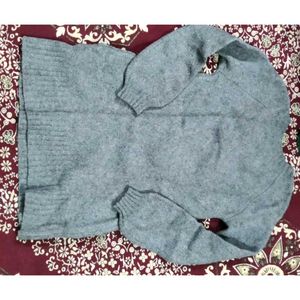 Gray Knit Sweater Dress with Embellished Neckline