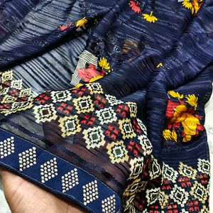 Elegant Navy Blue Floral Saree