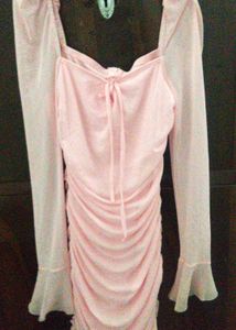 Cute Pink Ruched Mesh Sleeve Dress