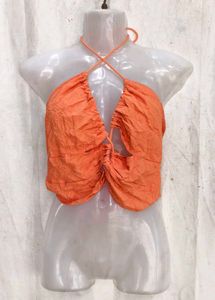 Orange Ruched Halter Neck Crop Top