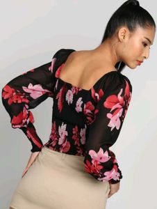 HARPA Black Floral Smocked Fitted Crop Top