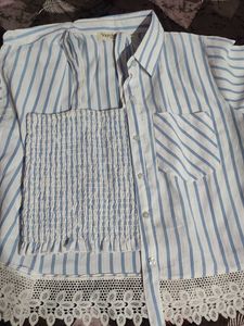 Blue Striped Smocked Top &amp; Shirt Set