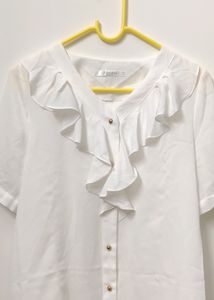 Korean White Semi Ruffled Neck Button Up Sheer Top