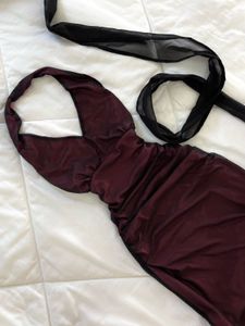 Elegant black red Burgundy Halter Neck mesh Dress