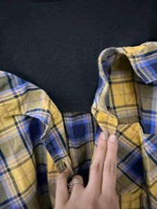 Yellow &amp; Blue Plaid Cold Shoulder Top