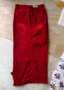 Red Midi Coudoroy Pencil Skirt