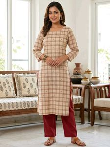 Preloved Beige-Brown Checks Kurta Set 😍