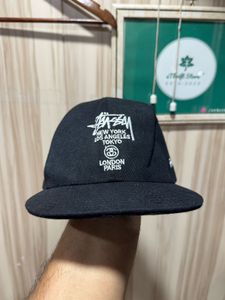 Stussy World Tour Black Snapback Flat Brim Cap